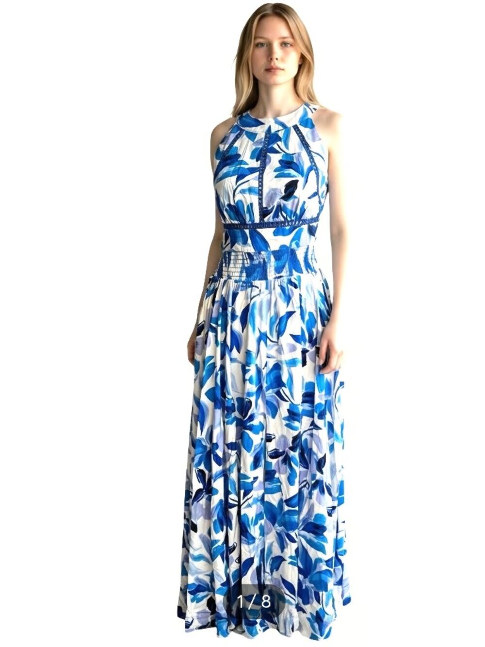 Abel The Label Blue and White Floral Halter Maxi Dress Size M